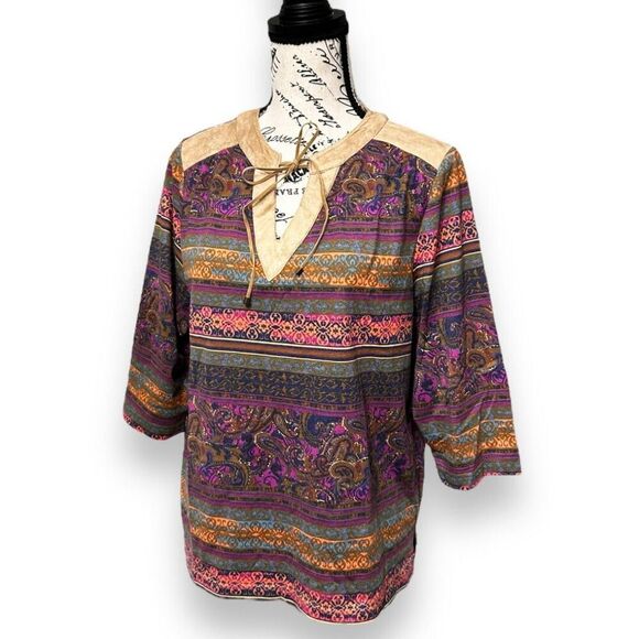 BonWorth XS Petite Boho Paisley Top Multicolor Suede Trim Blouse 3/4 Sleeve NWT - Picture 2 of 10